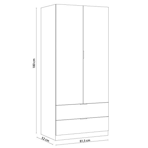 Habitdesign LCX222O - Armario ropero 2 Puertas y 2 cajones, Armario Dormitorio, Acabado en Blanco, Medidas: 81 cm (Largo) x 181 cm (Alto) x 52 cm (Fondo)