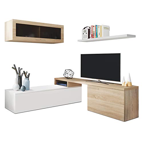 Habitdesign - Mueble de salón Comedor Moderno, Medidas: 200x41/34x43 cm de Alto (Blanco Brillo y Roble Canadian)