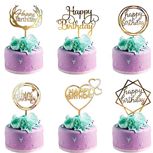 Happy Birthday Cake Topper,6 Piezas Decoración para Tarta,Happy Birthday Topper Decoración para Varios Pastel de Cumpleaños Boda(Oro)
