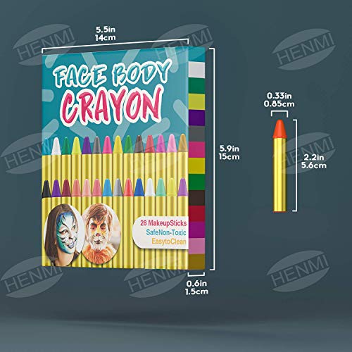 HENMI Pinturas Cara para Niños Seguridad no tóxica Pintura Facial, 28 colores Crayons de Pintura ajuste Halloween, Fiestas, Semana Santa,Navidad.