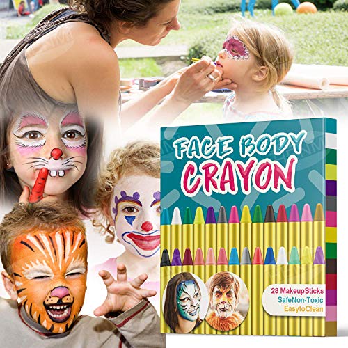 HENMI Pinturas Cara para Niños Seguridad no tóxica Pintura Facial, 28 colores Crayons de Pintura ajuste Halloween, Fiestas, Semana Santa,Navidad.