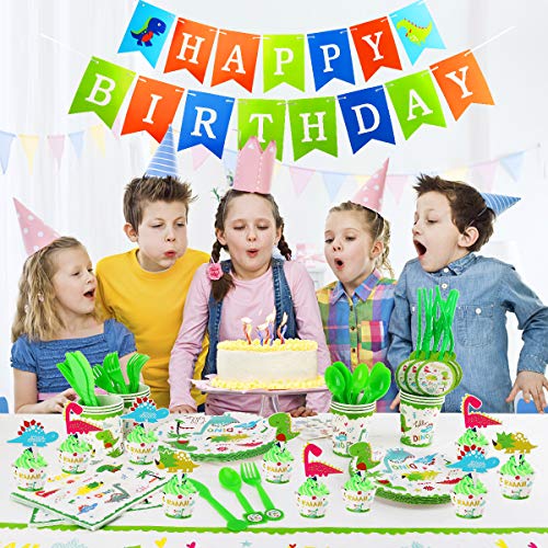 Herefun 124 pcs Cumpleaños De Dinosaurio Suministros De Fiesta, Niños Decoracion Suministros de Fiesta Dinosaurios Cumpleaños Platos, Tazas Banner Decor Servilletas Vajilla de Desechable Dinosaurio