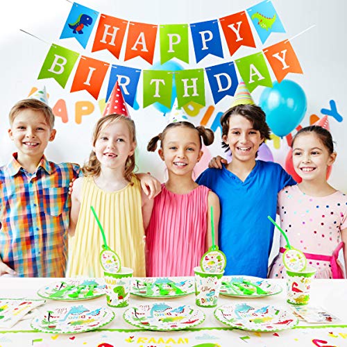 Herefun 124 pcs Cumpleaños De Dinosaurio Suministros De Fiesta, Niños Decoracion Suministros de Fiesta Dinosaurios Cumpleaños Platos, Tazas Banner Decor Servilletas Vajilla de Desechable Dinosaurio