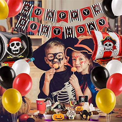 Herefun 50 Piezas Pirata temática Decoraciones Cumpleaños Kit, Pirata Globos Party Fiesta Halloween Decoracion Aluminio Globos Rojos Negros dorado, Cake Topper Banner para niños chico
