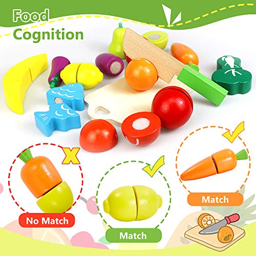 HERSITY Juguetes de Corte de Madera Frutas y Verduras Juego de Alimentos con Delantal y Gorro de Cocinero para Niños Niñas