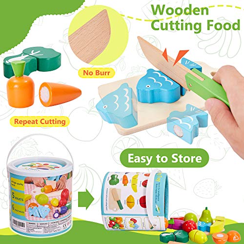 HERSITY Juguetes de Corte de Madera Frutas y Verduras Juego de Alimentos con Delantal y Gorro de Cocinero para Niños Niñas