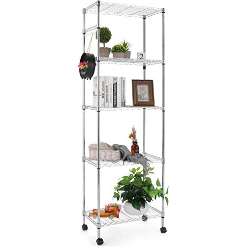 Himimi Estante de Cocina Carro de Cocina Estante de Metal Estante rodante de Acero Cromado 5 estantes con Ruedas L59 x W35 x H183cm, Plata