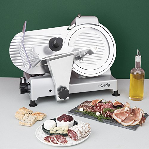 H.Koenig Cortafiambres Profesional Pequeño, Cuchilla Italiana, 25 cm, 282 RPM, Ajuste de Grosor del Corte, 240 W, Aluminio, Gris MSX250, INOX