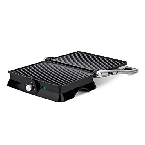 H.Koenig GR20 Parrilla Eléctrica, Grill y Sandwichera, 2000 W, Temperatura hasta 230º, Revestimiento Antiadherente, Apertura 180º, Dimensiones 29.7 x 23 cm, Acero Inoxidable, Gris