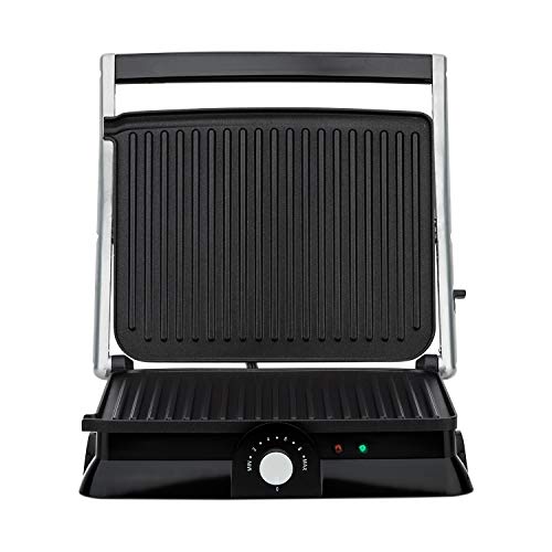 H.Koenig GR20 Parrilla Eléctrica, Grill y Sandwichera, 2000 W, Temperatura hasta 230º, Revestimiento Antiadherente, Apertura 180º, Dimensiones 29.7 x 23 cm, Acero Inoxidable, Gris