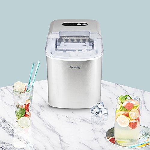 H.Koenig Máquina para Hacer Hielo, Silenciosa, 120 W, Capacidad 12 kg, Entre 10 y 13 Minutos, 2 Tamaños de Cubitos, Gris, Acero Inoxidable KB14