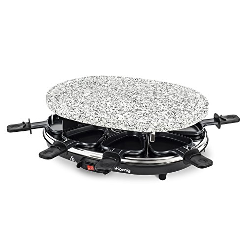 H.Koenig RP 85 RP85 Raclette 8 Personas, Plancha de Piedra Natural, 900 W, Acero Inoxidable, Negro, 8 Sartenes Antiadherentes
