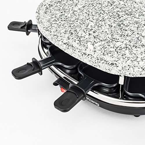 H.Koenig RP 85 RP85 Raclette 8 Personas, Plancha de Piedra Natural, 900 W, Acero Inoxidable, Negro, 8 Sartenes Antiadherentes