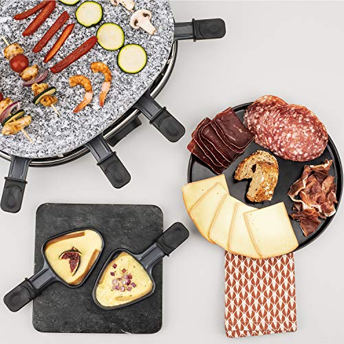 H.Koenig RP 85 RP85 Raclette 8 Personas, Plancha de Piedra Natural, 900 W, Acero Inoxidable, Negro, 8 Sartenes Antiadherentes
