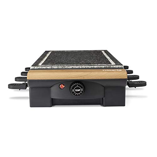 H.Koenig RP328 Raclette 8 Personas, Plancha de Piedra Natural, 1400 W, Acero Inoxidable, Madera, 8 Sartenes Antiadherentes