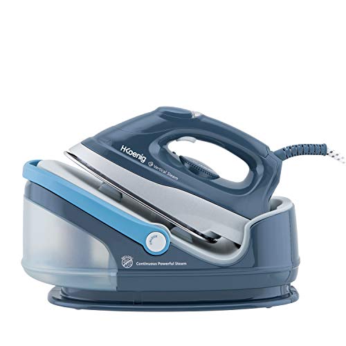 H.Koenig V5i Centro de Planchado 2400W, 100 g/min, 6 Bares, Plancha con Suela de Cerámica, Depósito de Agua extraíble 1.7L, Autonomía Ilimitada, Control Manual de la Temperatura, Profesional, Azul