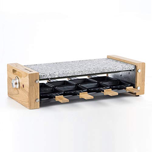 H.Koenig WOD8 Raclette 8 Personas, con Piedra natural, Plancha, 1200 W, Acero Inoxidable, Madera, Negro, Gris