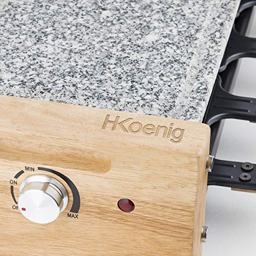 H.Koenig WOD8 Raclette 8 Personas, con Piedra natural, Plancha, 1200 W, Acero Inoxidable, Madera, Negro, Gris
