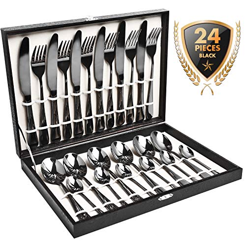 HOBO Juego de Cubiertos de Plata, Juego de Mesa 24 Piezas para 6 Personas, Acero Inoxidable, para Cocina, Restaurante, Fiesta, Cocina con Caja de Regalo de Madera