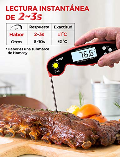 Homasy Cocina, 2-3s Lectura Instantánea, IPX6 Impermeable, 4.6'' Sonda Larga, termómetro Carne Digital para Leche Agua Caramelo Líquido, Rojo