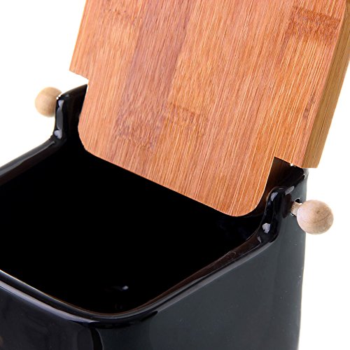 Home Line Salero Cuadrado de cerámica con Tapa de bambú, Negro, 12x12x11 cm