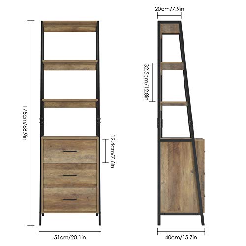 HOMECHO Estantería para Escalera Vintge con 3 Cajones Mueble Auxiliar Alto con 3 Estantes para Salón Oficina Dormitorio Entrada Marrón 51x175x40 cm