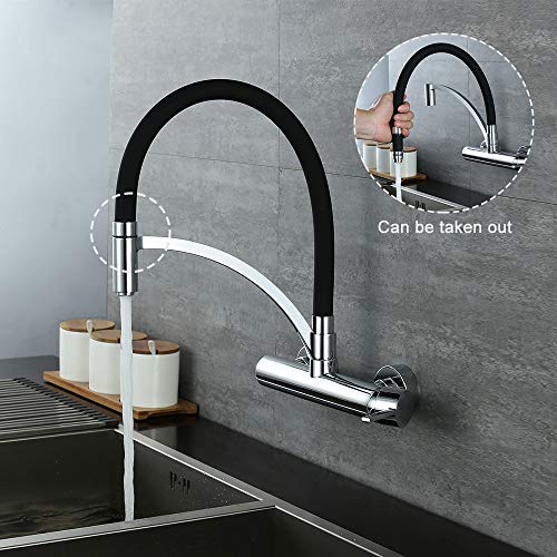 HOMELODY Grifo de Cocina de Pared Grifo Fregadero Extraible a 180° Silicona Negra de Grado Alimenticio con Aireador Desmontable Grifo de Fregadero de Latón