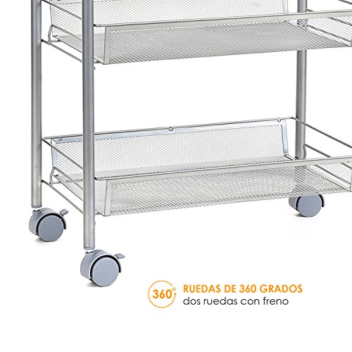 HOMFA Carrito Auxiliar con Ruedas y 4 Bandejas de Malla Metálica para Cocina Baño salón Plata 45x27x85cm
