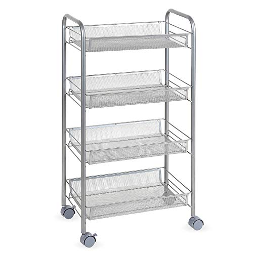 HOMFA Carrito Auxiliar con Ruedas y 4 Bandejas de Malla Metálica para Cocina Baño salón Plata 45x27x85cm