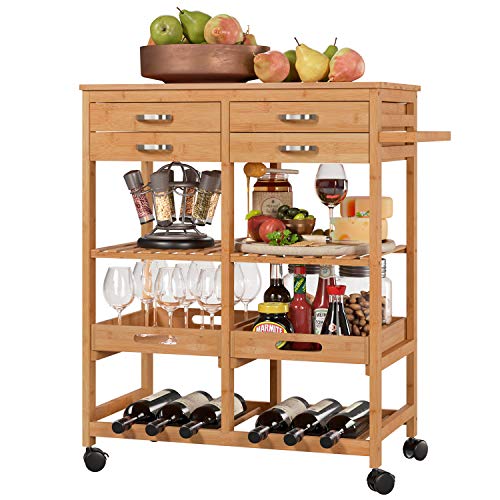 Homfa Carro Cocina Auxiliar Carrito de Servicio Bambú Estantería Almacenaje Frutas Verduras para Cocina Salón con 4 Ruedas 4 Cajones 2 Bandejas 66x36x81cm