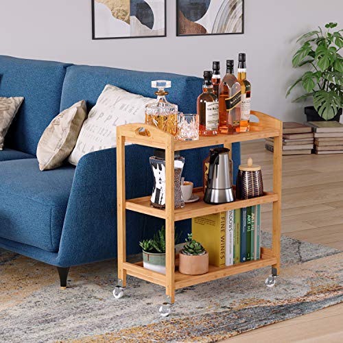 Homfa Carro Servicio para Cocina Carrito Auxiliar Estantería de Cocina de 3 Niveles con 4 Ruedas Bambú 60.5x32.5x72.5cm