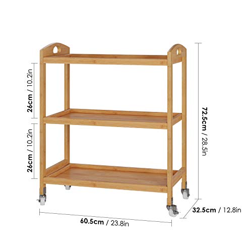 Homfa Carro Servicio para Cocina Carrito Auxiliar Estantería de Cocina de 3 Niveles con 4 Ruedas Bambú 60.5x32.5x72.5cm