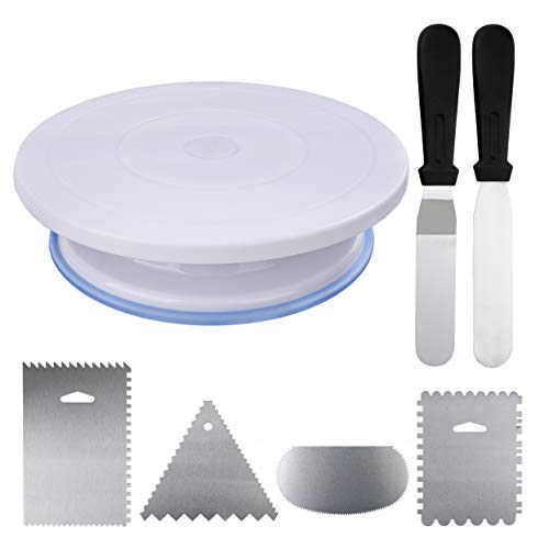 HONGXIN-SHOP Plato de Pastel Giratorio Redondo Antideslizante 28cm Torta Giratoria DIY Decoración de Pasteles con 2 Espátula de Glaseado 4 Paletas para Alisar para Decorar Tartas Horneadas