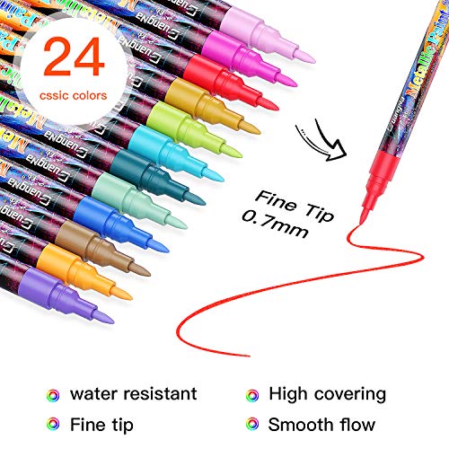 Honmax Rotuladores Metálicos, 24 Colores Marcadores Metálicos impermeables Permanentes Set para DIY, Álbum de Fotos, Pintar Piedras, Porcelana, Tazas - 0.7mm