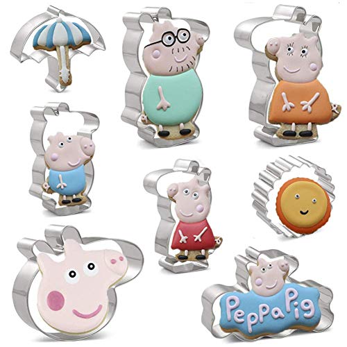 HONYAO Cortadores De Galletas Peppa Pig Para NiñOs - 8 Piezas - Peppa Pig, George Pig, Daddy Pig, Mummy Pig, Pig Head, Sol, Paraguas Y Tablero De Mensajes - Acero Inoxidable
