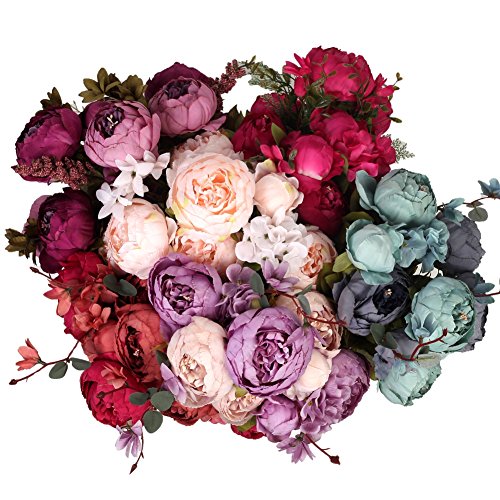 Houda - Ramo de flores de peonia artificiales vintage para decoración de hogar y bodas