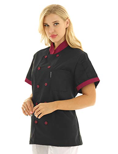 IEFIEL Camisa de Cocinero Camiseta Manga Corta Unisexo para Hombre Mujer Chef Escudo Uniforme de Trabajo Cocina Hotel Restaurante Negro Large