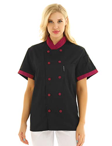IEFIEL Camisa de Cocinero Camiseta Manga Corta Unisexo para Hombre Mujer Chef Escudo Uniforme de Trabajo Cocina Hotel Restaurante Negro Large