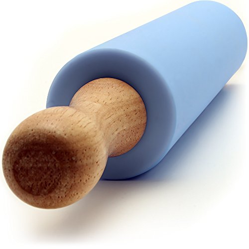 igadgitz Home U6757 Rodillo Amasador Silicona Antiadherente con Asas de Madera para Pasta, Pastelería, Fondant, Tarta Corteza, Pizza, Pasteles de Masa, etc. - Azul