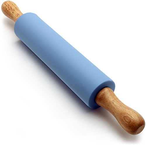 igadgitz Home U6757 Rodillo Amasador Silicona Antiadherente con Asas de Madera para Pasta, Pastelería, Fondant, Tarta Corteza, Pizza, Pasteles de Masa, etc. - Azul