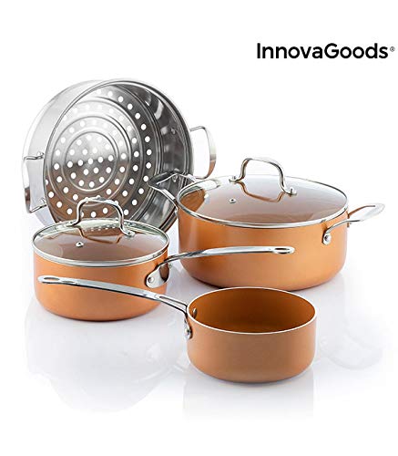 InnovaGoods IG813918 Batería de Cocina con Vaporera Copper-Effect (6 Piezas), aluminio, acero inoxidable y vidrio