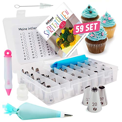 int!rend Kit de boquillas Manga pastelera - 59 Piezas | Decoración de Tartas y Pasteles, 42 boquillas y 2 adaptadores, 10 Mangas pasteleras Desechables | Decoracion, pasteleria y reposteria