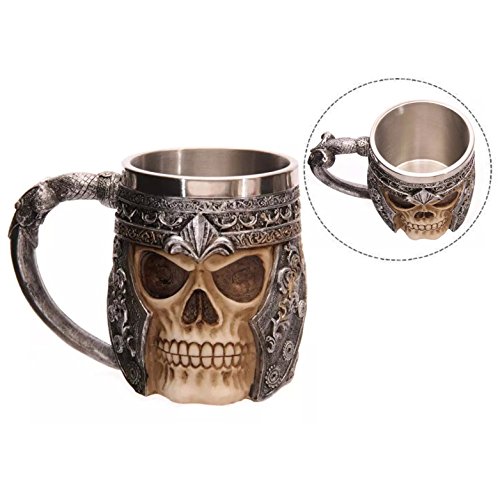 Jarra de Acero Inoxidable Interior para Agua Té Cerveza Café Bebidas (Patrón de 3D Cráneo),350ml