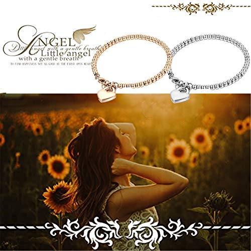 JewelryWe Joyería Pulsera De Suerte para Mujer, Acero Inoxidable Pulido, Bolas Bolitas Estilo Sencillo, Colgante Corazón Dulce para la Buena Fortuna, Color Oro Rosa Plata,Regalo Dia de la Madre