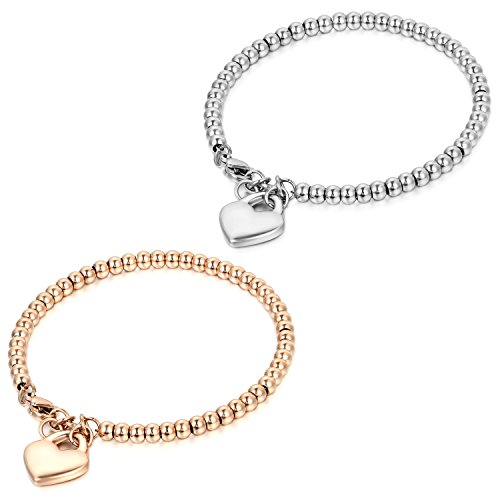 JewelryWe Joyería Pulsera De Suerte para Mujer, Acero Inoxidable Pulido, Bolas Bolitas Estilo Sencillo, Colgante Corazón Dulce para la Buena Fortuna, Color Oro Rosa Plata,Regalo Dia de la Madre