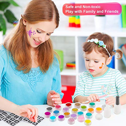 Jojoin Kit de Tatuajes Temporales para Niños, Tatuajes Temporales con 28 Colores Brillos de Tatuaje, 137 Plantillas, 5 Pegatinas de Uñas, 3 cepillos, Perfecto para Niños/Fiesta/Eventos/Cumpleaños