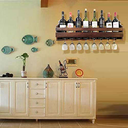 JRLinco Estante de Vino de Madera, Estante de exhibición de Vidrio de Vino y Botella de Vino, montado en la Pared, 8 Botellas 8 Soporte de Vidrio de Tallo Largo (Color Nogal carbón, 8 Botellas=80 cm)