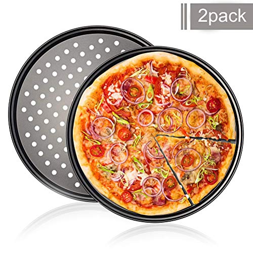 Juego de 2 bandejas para pizza (redondas, perforadas, antiadherentes, acero al carbono, 32 cm de diámetro)