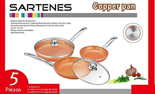 JUEGO DE 3 SARTENES 2 TAPAS COLOR COBRE COPPER PAN APTO PARA HORNO MANGO ACERO