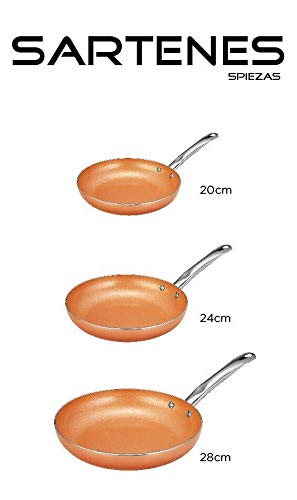 JUEGO DE 3 SARTENES 2 TAPAS COLOR COBRE COPPER PAN APTO PARA HORNO MANGO ACERO